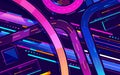 Metropolis night freeway neon colors, top view cartoon vector. Vector illustration