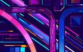 Metropolis night freeway neon colors, top view cartoon vector. Vector illustration