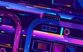 Metropolis night freeway neon colors, top view cartoon vector. Vector illustration