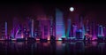 Metropolis night landscape neon cartoon vector Royalty Free Stock Photo