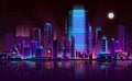 Metropolis night skyline neon color cartoon vector Royalty Free Stock Photo