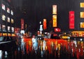 Metropolitan city at night oil knife painting