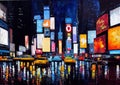 Metropolitan city at night oil knife painting