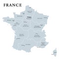 France, gray political map. Regions of Metropolitan France