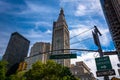 The Metropolitan Life Insurance Company Tower and Broadway street sign in Manhattan, New York. Royalty Free Stock Photo