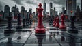 Metropolitan Mastery: Chessboard with Dominant Red King and NYC Skyline