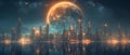 Metropolitan Moonrise: A Vision of Sci-Fi Serenity. Concept Urban Landscape, Futuristic Scene,