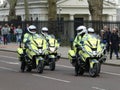 Metropolitan Police Motorcyclists on Birdcage Walk two days before the Coronation of Kings Charles III. Royalty Free Stock Photo