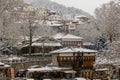 Metsovo city snow and ice in winter season, greek winter tourist resort in ioannina perfecture