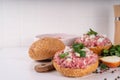 Mett brotchen, Brotzeit, German traditional raw burger sandwich Royalty Free Stock Photo