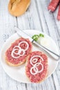 Mett on a bun (German cuisine; selective focus) Royalty Free Stock Photo