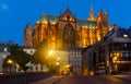 Metz cityscape with illuminated Cathedral of Saint Stephen at summer twilight