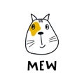 Mew - Cute hand drawn nursery poster with cartoon cat character and lettering in scandinavian style.