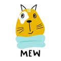 Mew - Cute hand drawn nursery poster with cartoon cat character and lettering in scandinavian style.