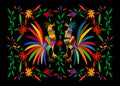 Otomi style, Ethnic Mexican tapestry with embroidery floral and roosters jungle animals hand-made. Naive print folk decor