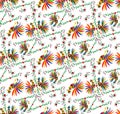 Seamless Ethnic Mexican Embroidery Background, Colorful Roosters Jungle Animals Hand-made. Otomi Culture Naive Print Folk Motifs