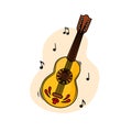 Mexican acoustic guitar with patterns and musical notes. Holiday symbols. Vector cartoon illustration.