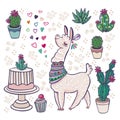 Mexican Alpaca Llamas and desert plants vector set. Cartoon lamaser and easter cactus with flowers illustration Royalty Free Stock Photo