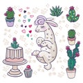 Mexican Alpaca Llamas and desert plants vector set. Cartoon lamaser and easter cactus with flowers illustration