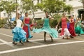 Mexican-American dancers during the opening day parade down State Street of Old Spanish Days Fiesta held every August in Santa Bar