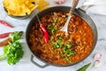 Mexican and American food Chili con carne served with nachos, pepper and herbs. Royalty Free Stock Photo