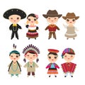 Mexican American indians Peruvian Cowboy boy and girl in national costume and hat. Cartoon children in traditional dress isolated Royalty Free Stock Photo