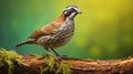 Mexican-american Quail On Mossy Branch: Dark Teal And Dark Orange Photographic Art