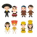 Mexican, Ancient Egypt, Hawaiian Hula Dancer, Chukcha Yakut Eskimos, boy and girl in national costume and hat. Cartoon children in Royalty Free Stock Photo