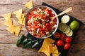 Mexican appetizer Pico de Gallo close-up in a bowl. Horizontal t Royalty Free Stock Photo