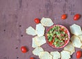 Mexican appetizer or sauce, avocado, tomato and onion salsa in a bowl on a ceramic tray. Served with chips Royalty Free Stock Photo