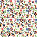 Seamless pattern with flowers and birds