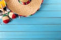 Mexico, Mexican sombrero blue wood background copy space