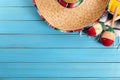 Mexico, Mexican sombrero, maracas, wood background, copy space Royalty Free Stock Photo