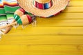 Mexico, Mexican fiesta background sombrero wood copy space Royalty Free Stock Photo