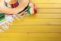 Mexico, Mexican fiesta background sombrero maracas wood copy space Royalty Free Stock Photo