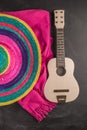 Mexican background with sombrero, guitar and blankets Royalty Free Stock Photo