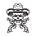 Mexican bandit skull in sombrero hat illustration