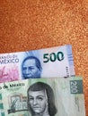 Mexican banknotes and background in metallic copper color