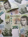 Mexican banknotes of 200 pesos unorganized, background and texture