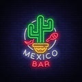 Mexican bar is a neon-style logo. Neon sign, design template on Mexican food. Bright glowing banner, nightlife Royalty Free Stock Photo