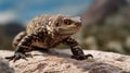 Mexican beaded lizard close-up on mountain rocks