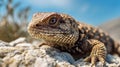 Mexican beaded lizard close-up on mountain rocks