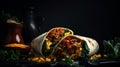 Mexican beef burrito. Burritos wraps with beef and vegetables on black background