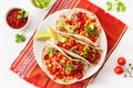 Mexican beef and pork tacos with salsa, guacamole and vegetables Royalty Free Stock Photo