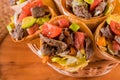 Mexican beef salad in corn taco cones. Top view Royalty Free Stock Photo