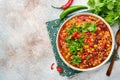 Mexican black bean soup with minced meat, tomato, cilantro, avocado and vegetables stew on a light grey slate, stone or concrete Royalty Free Stock Photo