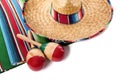 Mexican sombrero blanket maracas isolated white background