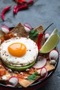 Mexican breakfast: chilaquiles with egg, avocado and vegetables close-up on a plate Royalty Free Stock Photo