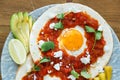 Mexican breakfast huevos rancheros: fried egg with salsa closeup in the pan Royalty Free Stock Photo