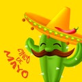 Mexican cactus with mustaches in a sombrero hat with red chili pepper on it. Funny cartoon character isolated on a yellow Royalty Free Stock Photo